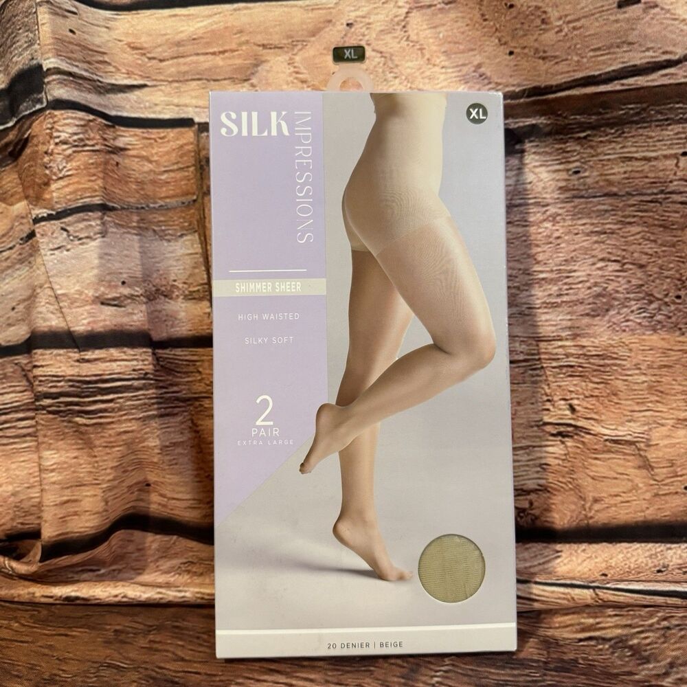 Silk Impressions Shimmer Sheer XL Pantyhose Beige 20 Denier Control Top 2 Pair